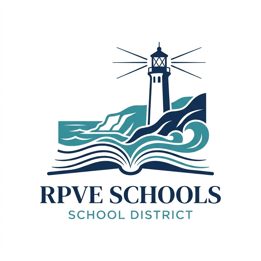 RPVE Schools School District logo — lighthouse, waves and an open book